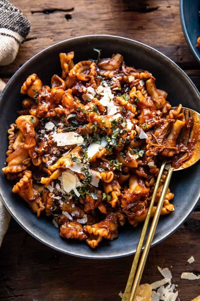 Slow Cooker Red Wine Braised Short Rib Pasta | halfbakedharvest.com overhead close up photo of Slow Cooker Red Wine Braised Short Rib Pasta