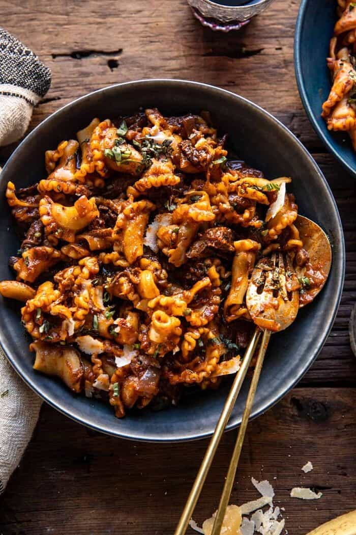 Slow Cooker Red Wine Braised Short Rib Pasta | halfbakedharvest.com overhead photo of Slow Cooker Red Wine Braised Short Rib Pasta