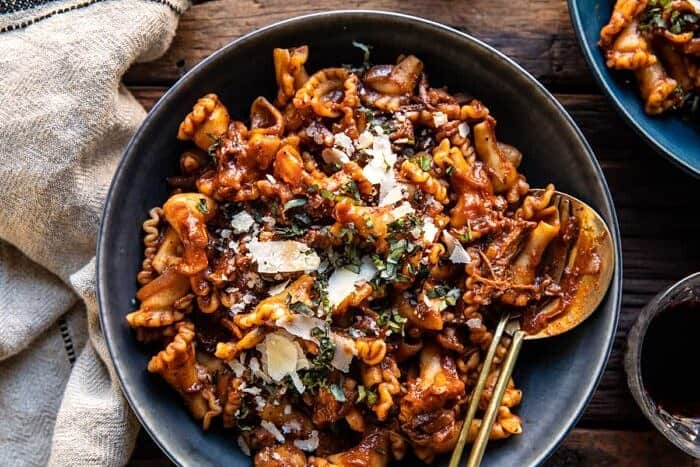 Slow Cooker Red Wine Braised Short Rib Pasta | halfbakedharvest.com overhead horizontal photo of Slow Cooker Red Wine Braised Short Rib Pasta