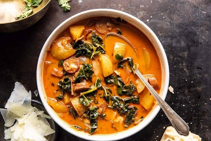 Smoky Potato and Kale Soup | halfbakedharvest.com overhead horizontal photo of Smoky Potato and Kale Soup