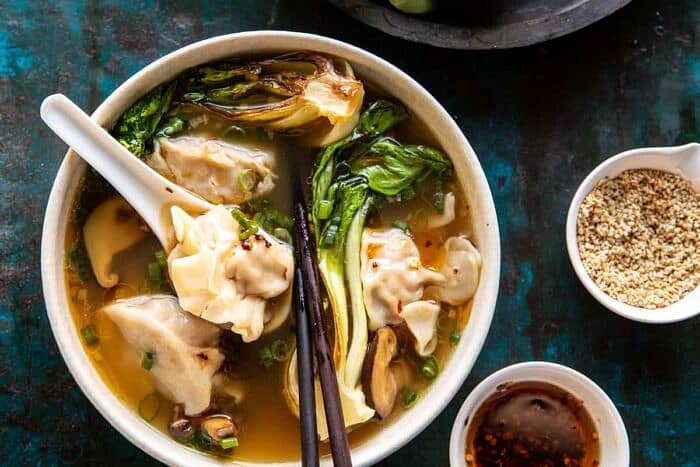 overhead horizontal photo of 25 Minute Wonton Soup with Sesame Chili Oil 