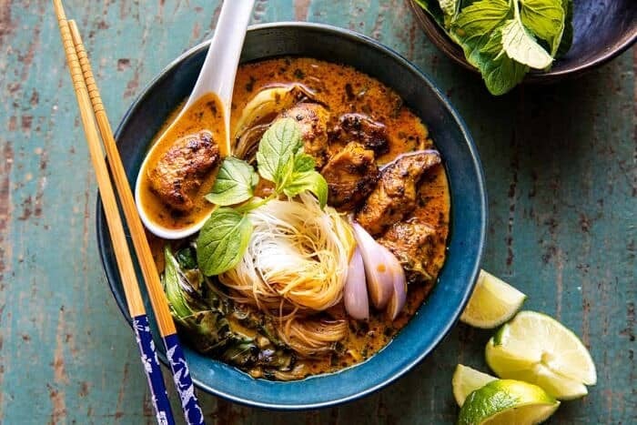 overhead horizontal photo of 30 Minute Creamy Thai Turmeric Chicken and Noodles 