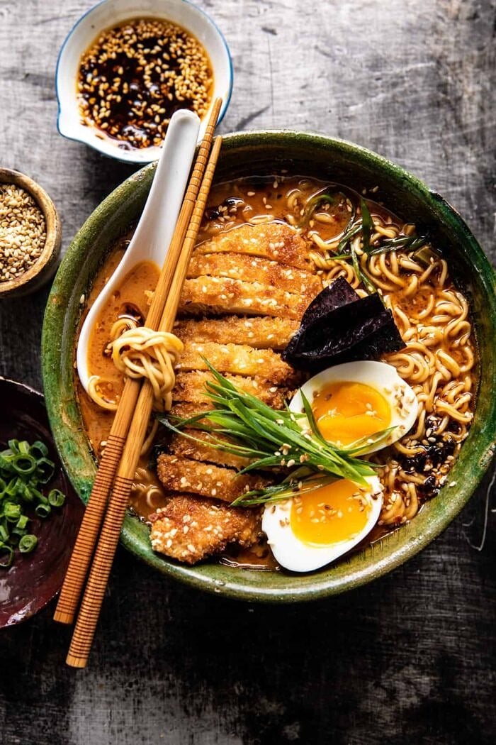 30 Minute Spicy Miso Chicken Katsu Ramen | halfbakedharvest.com overhead photo of 30 Minute Spicy Miso Chicken Katsu Ramen