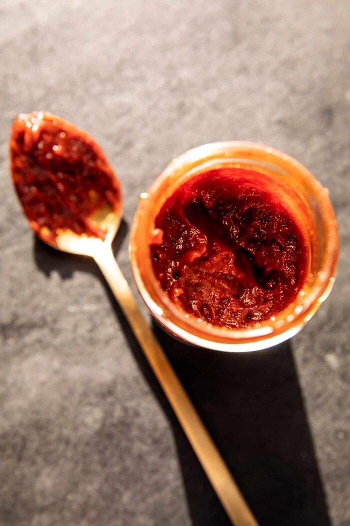 30 Minute Spicy Miso Chicken Katsu Ramen | halfbakedharvest.com prep photo of chili sauce