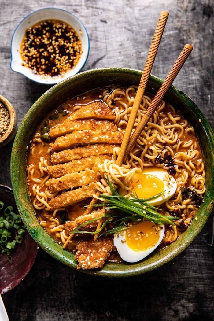 30 Minute Spicy Miso Chicken Katsu Ramen | halfbakedharvest.com overhead photo of 30 Minute Spicy Miso Chicken Katsu Ramen