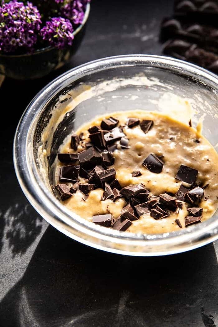 5 Minute Chocolate Chunk Banana Bread Mug Cake | halfbakedharvest.com prep photo of 5 Minute Chocolate Chunk Banana Bread Mug Cake before cooking