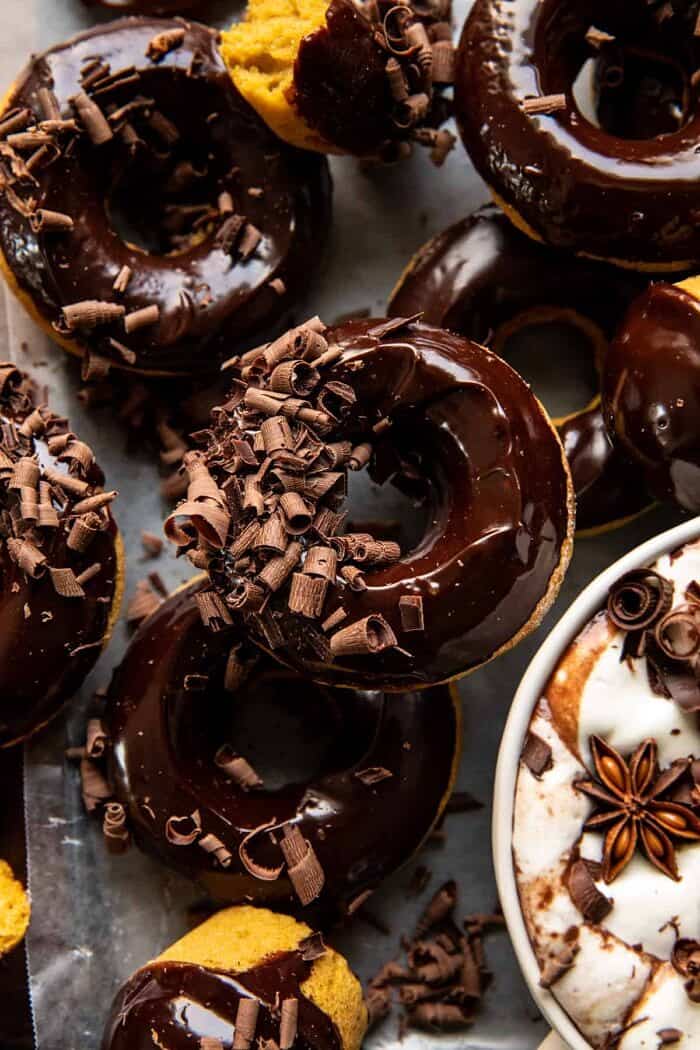 Baked Hot Chocolate Doughnuts | halfbakedharvest.com overhead close up photo of Baked Hot Chocolate Doughnuts