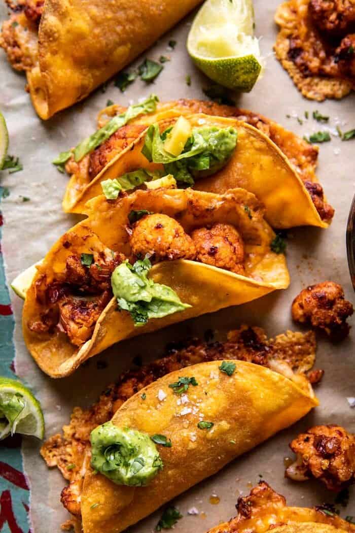 overhead prep photo of Crispy Cauliflower Tinga Tacos with Honey Lime Avocado Crema