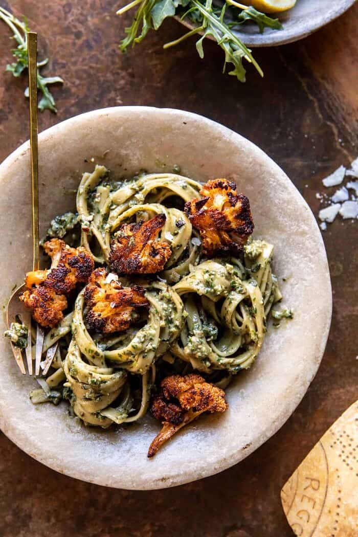 Crispy Roasted Cauliflower with Creamy Pesto Pasta | halfbakedharvest.com overhead photo of Crispy Roasted Cauliflower with Creamy Pesto Pasta