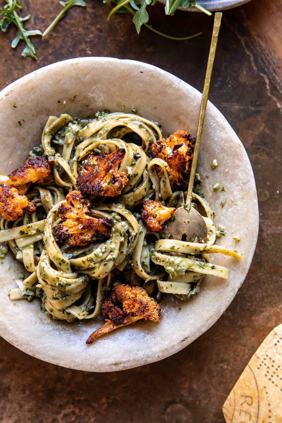 Crispy Roasted Cauliflower with Creamy Pesto Pasta | halfbakedharvest.com