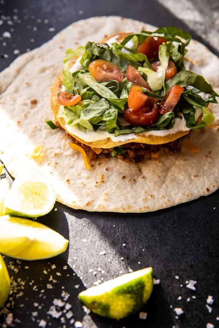 prep photo of Healthier Homemade Crunchwrap Supreme layering process