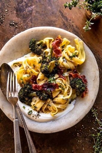 Roasted Broccoli Pasta Carbonara with Crispy Prosciutto and Whipped Ricotta | halfbakedharvest.com