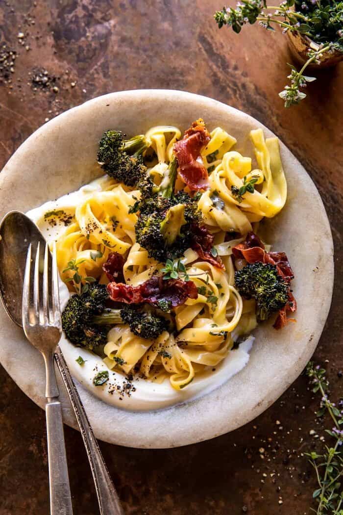 Roasted Broccoli Pasta Carbonara with Crispy Prosciutto and Whipped Ricotta | halfbakedharvest.com
