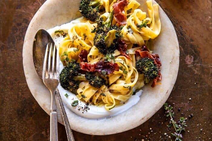Roasted Broccoli Pasta Carbonara with Crispy Prosciutto and Whipped Ricotta | halfbakedharvest.com Roasted Broccoli Pasta Carbonara with Crispy Prosciutto and Whipped Ricotta | halfbakedharvest.com