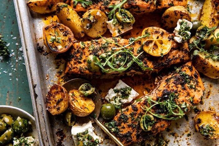Sheet Pan Roasted Lemon Garlic Butter Salmon with Feta and Olives | halfbakedharvest.com