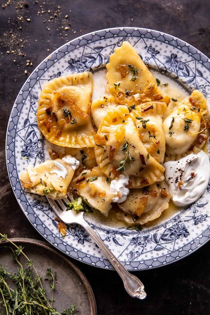Broccoli Cheddar Potato Pierogi | halfbakedharvest.com overhead photo of Broccoli Cheddar Potato Pierogi