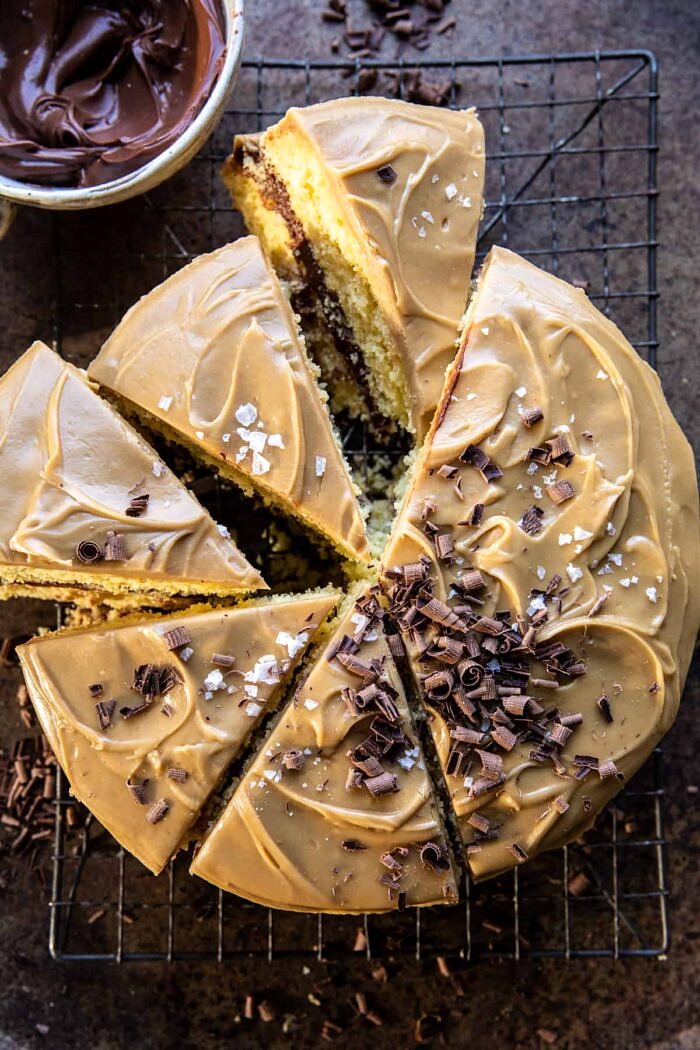 Caramel Butter Cake with Fudgy Chocolate Frosting | halfbakedharvest.com