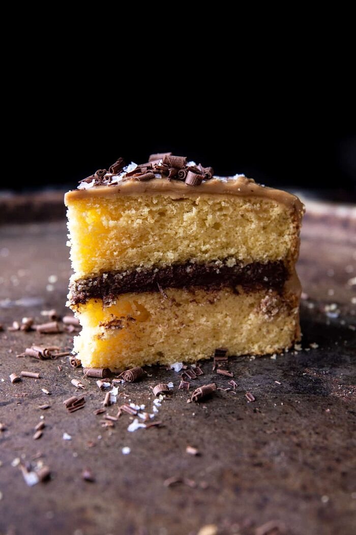 New! Old School style Caramel Butter Cake with Fudgy Chocolate Frosting. Every bite is sweet, salty, extra chocolatey, and truly delicious. Recipe: https://fatburn.fit/caramel-butter-cake/