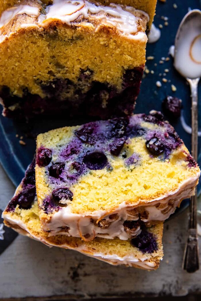 Earl Grey Blueberry Lemon Cake | halfbakedharvest.com close up photo of Earl Grey Blueberry Lemon Cake slice