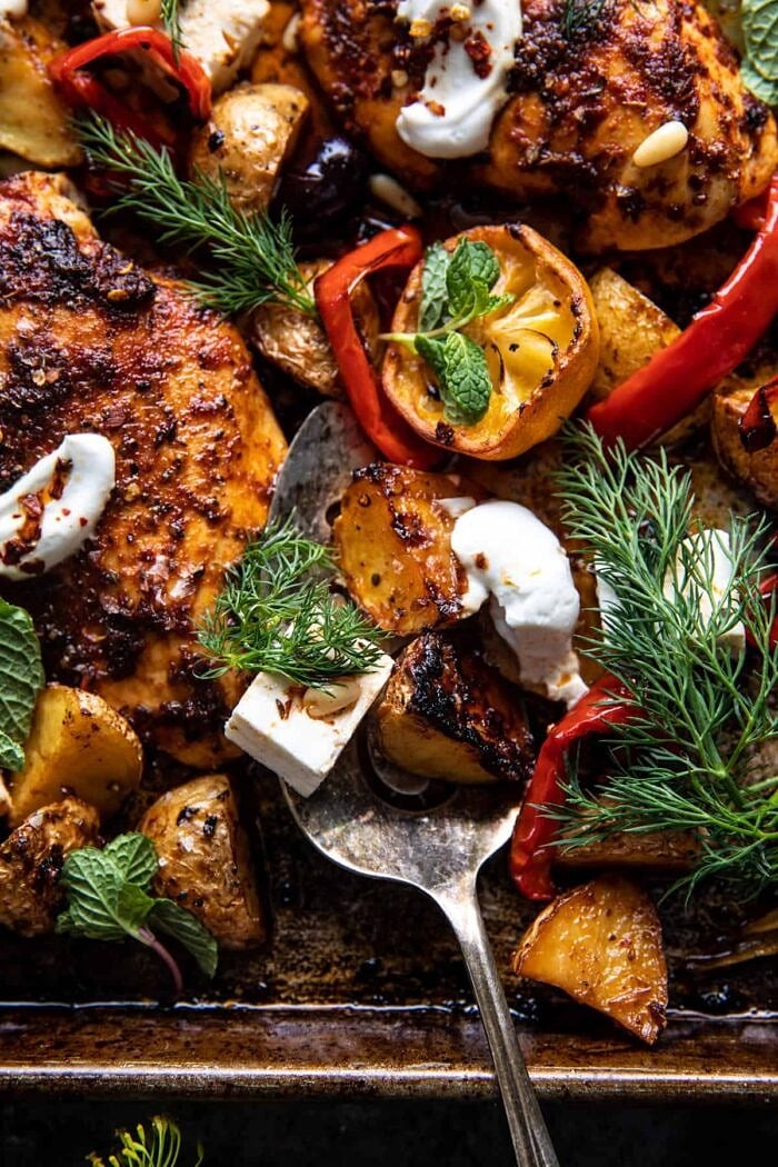 overhead close up photo of Easy Greek Sheet Pan Chicken Souvlaki and Potatoes 