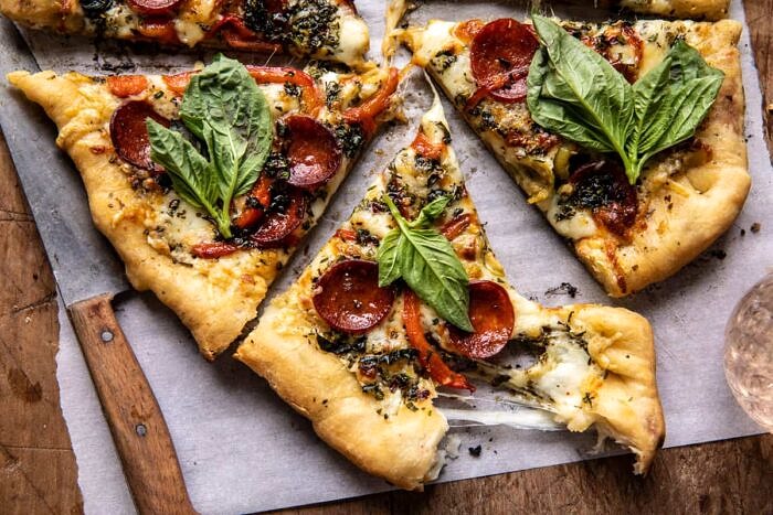 Pesto Pizza with Feta Stuffed Crust | halfbakedharvest.com