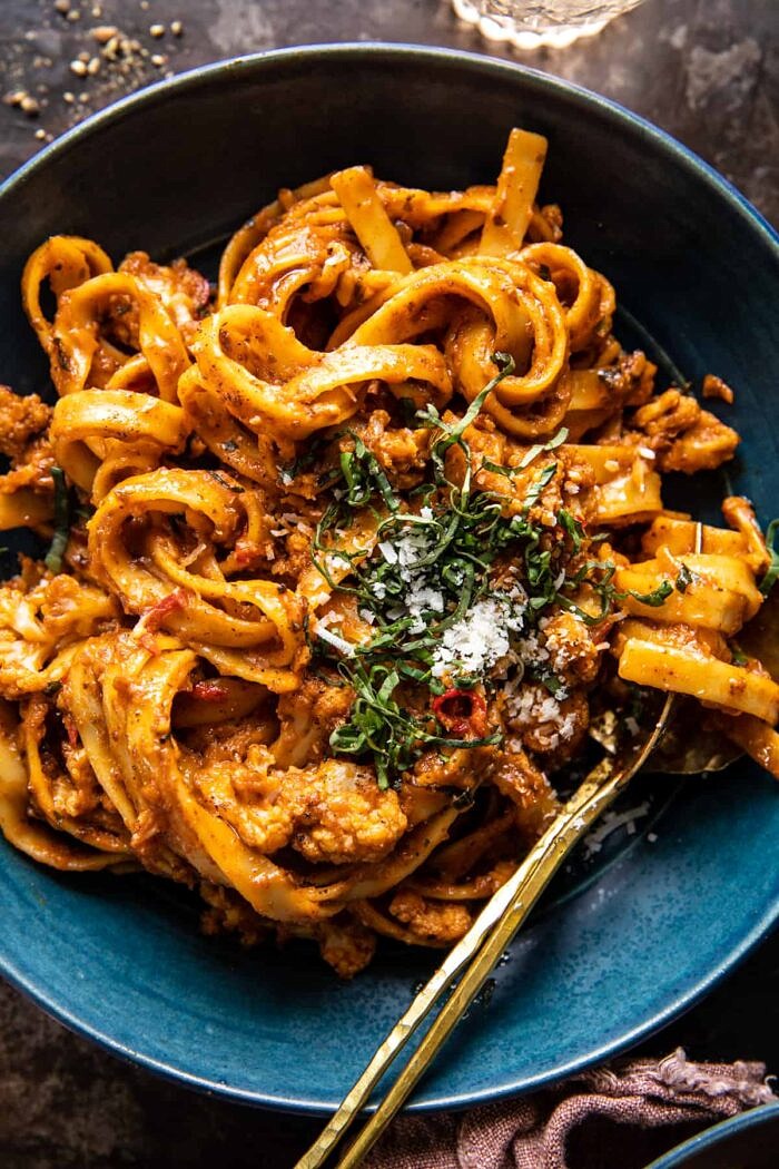 overhead close up photo of Roasted Cauliflower Bolognese