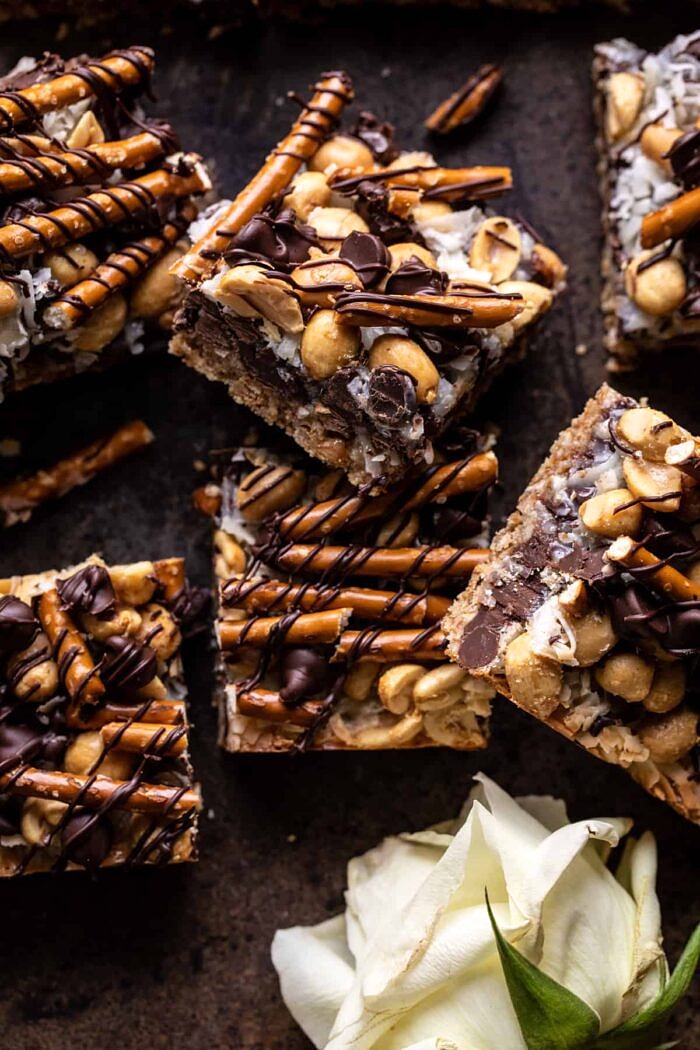 overhead close up photo of Salted Pretzel Magic Bars 