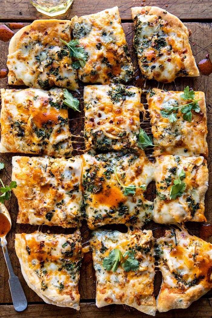 overhead photo of Sheet Pan Buffalo Chicken Pizza