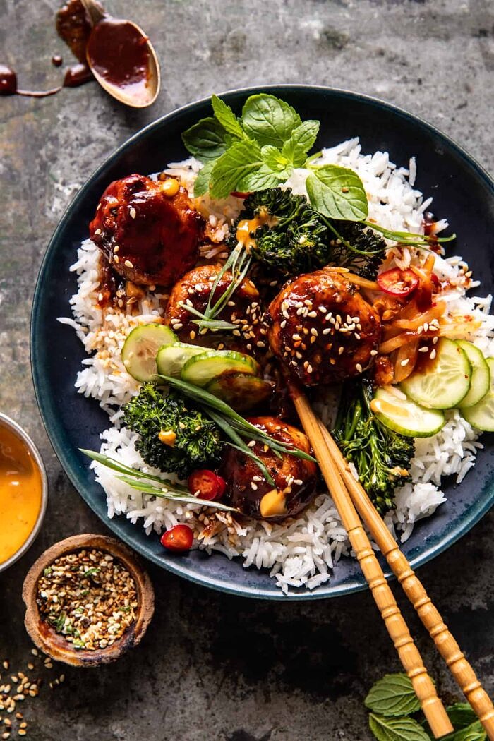 overhead photo of Sheet Pan Sticky Korean Chicken Meatballs