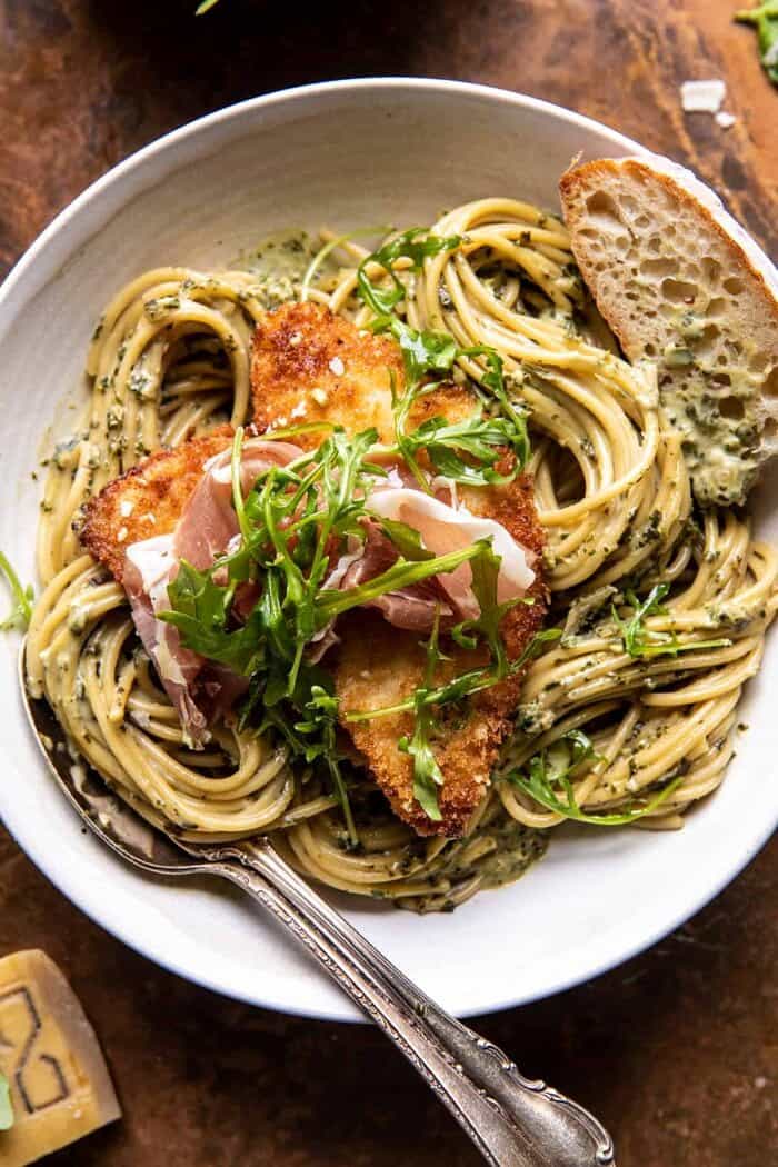 Basil Parmesan Pasta with Crispy Chicken, Prosciutto, and Arugula | halfbakedharvest.com