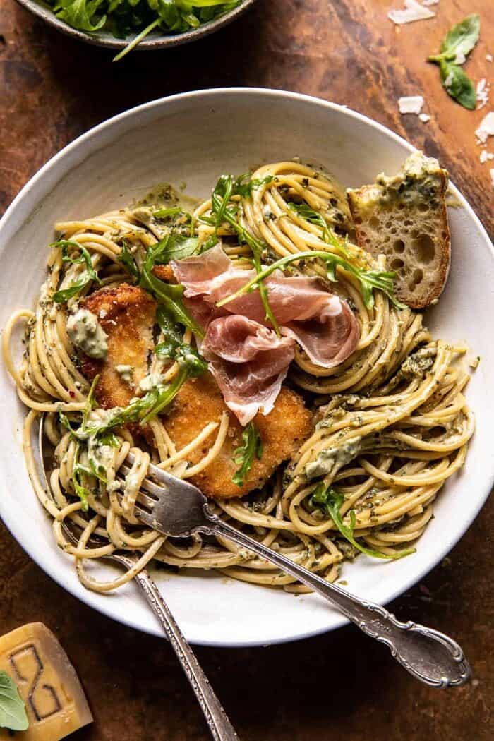 Basil Parmesan Pasta with Crispy Chicken, Prosciutto, and Arugula | halfbakedharvest.com