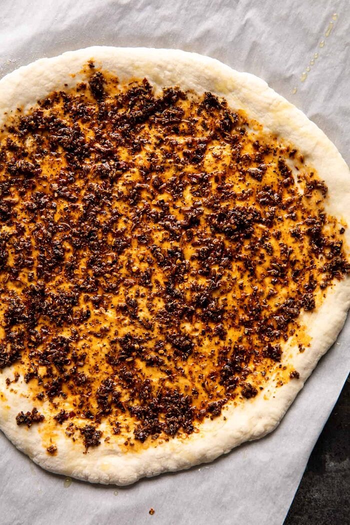 overhead photo of pizza before baking 