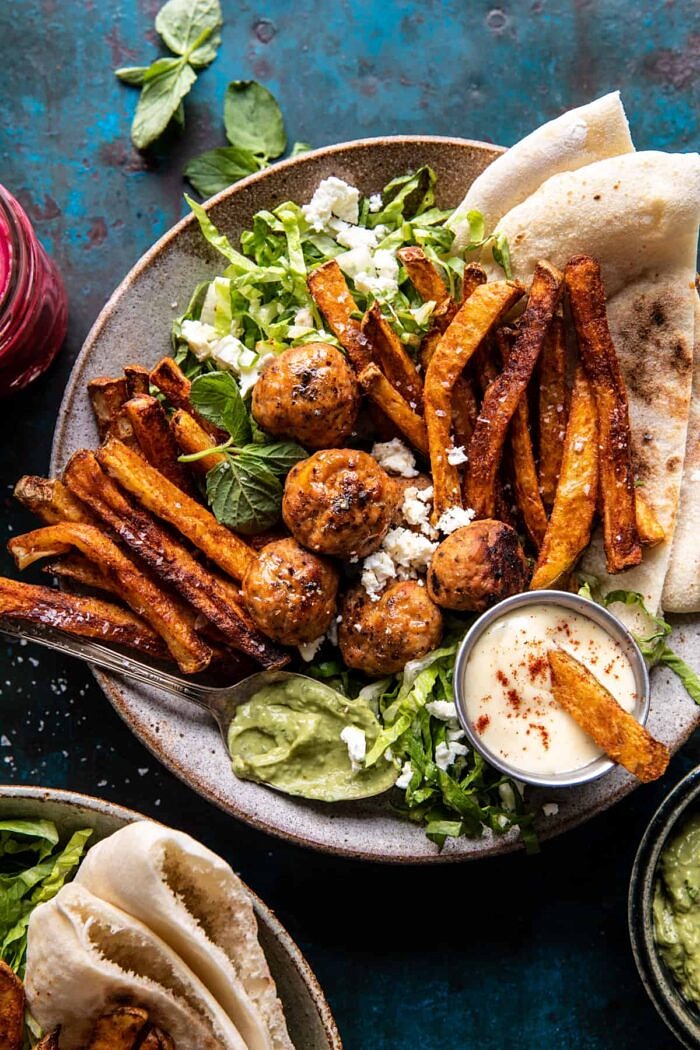 Chicken Meatball Pita Bowls with Seasoned Fries and Feta | halfbakedharvest.com Chicken Meatball Pita Bowls with Seasoned Fries and Feta | halfbakedharvest.com
