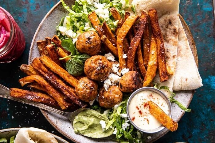 Chicken Meatball Pita Bowls with Seasoned Fries and Feta | halfbakedharvest.com Chicken Meatball Pita Bowls with Seasoned Fries and Feta | halfbakedharvest.com