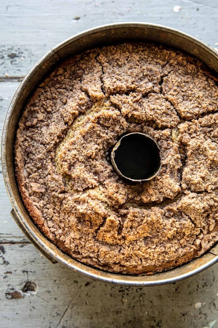 Cinnamon Streusel Coffee Coffee Cake after baking in cake pan