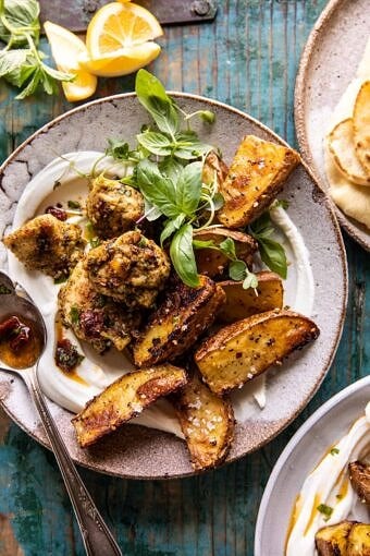 Sheet Pan Pesto Chicken and Lemon Butter Potatoes with Whipped Feta | halfbakedharvest.com