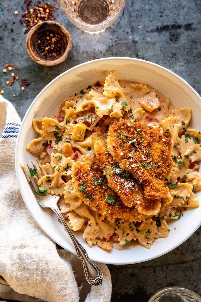 Southern Style Creamy Parmesan Chicken Pasta | halfbakedharvest.com overhead photo of Southern Style Creamy Parmesan Chicken Pasta