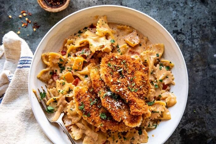 Southern Style Creamy Parmesan Chicken Pasta | halfbakedharvest.com overhead photo of Southern Style Creamy Parmesan Chicken Pasta