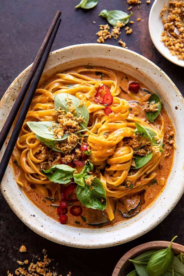 overhead close up photo of 20 Minute Red Curry Noodles with Fried Coconut Garlic