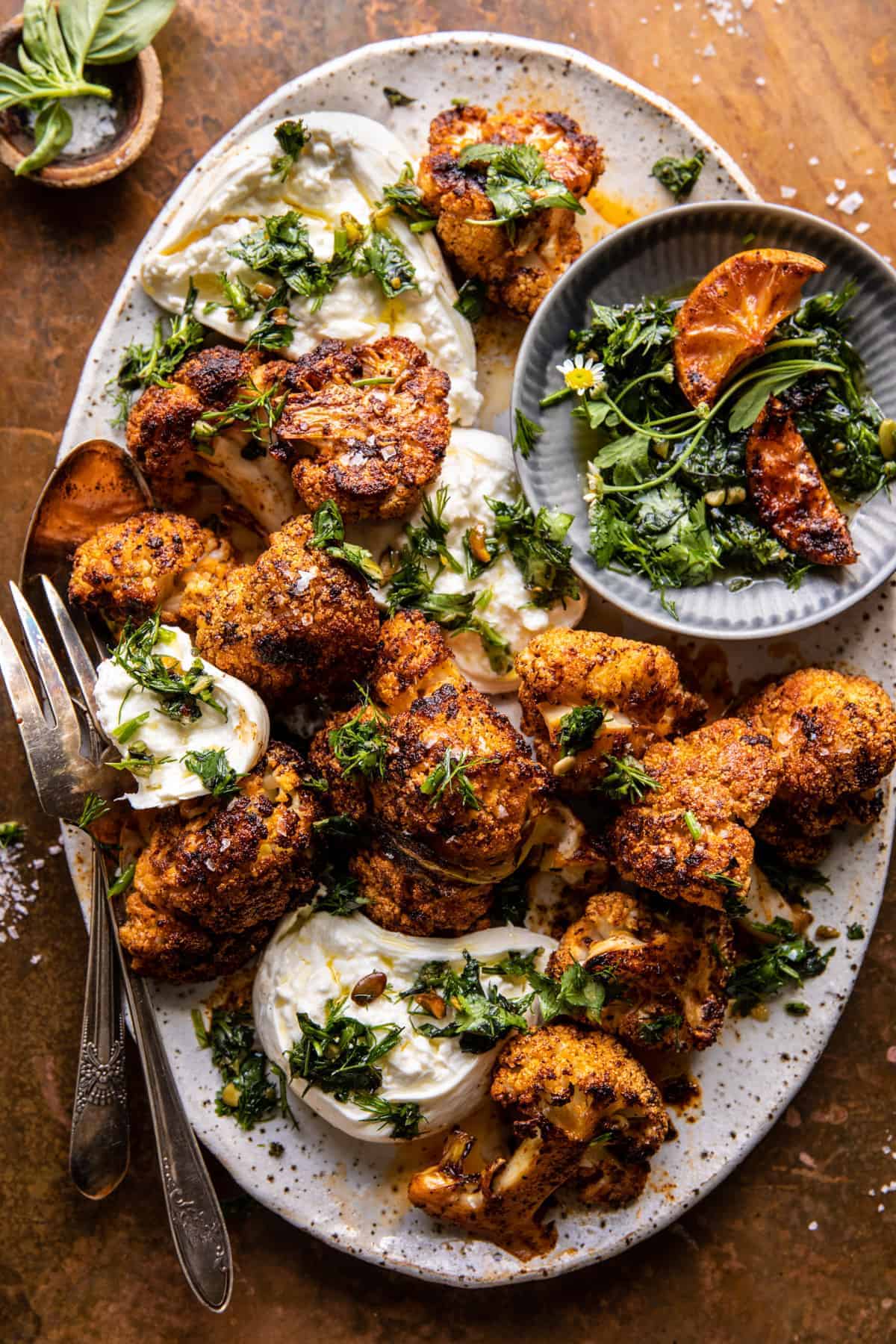 Crispy Roasted Blackened Cauliflower with Burrata and Herbs | halfbakedharvest.com