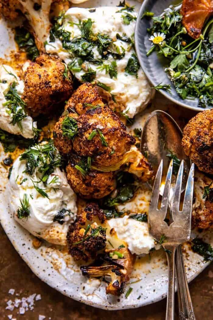 Crispy Roasted Blackened Cauliflower with Burrata and Herbs | halfbakedharvest.com