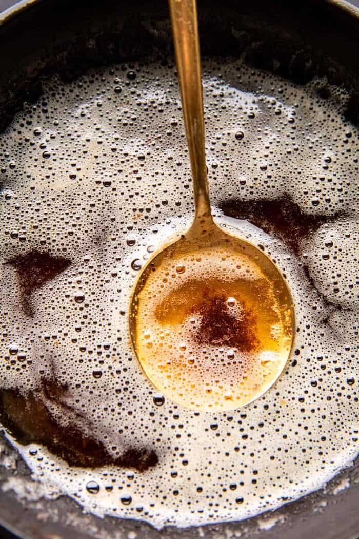 Deep Dish Molten Chocolate Coffee Blondies | halfbakedharvest.com prep photo of brown butter