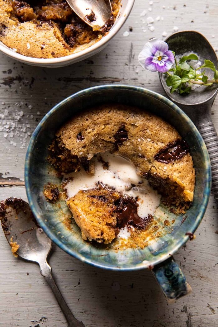 Deep Dish Molten Chocolate Coffee Blondies | halfbakedharvest.com overhead photo of Deep Dish Molten Chocolate Coffee Blondie half eaten