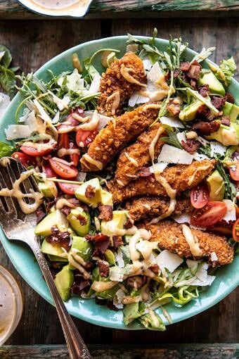 Honey Mustard Pretzel Chicken and Avocado Bacon Salad | halfbakedharvest.com