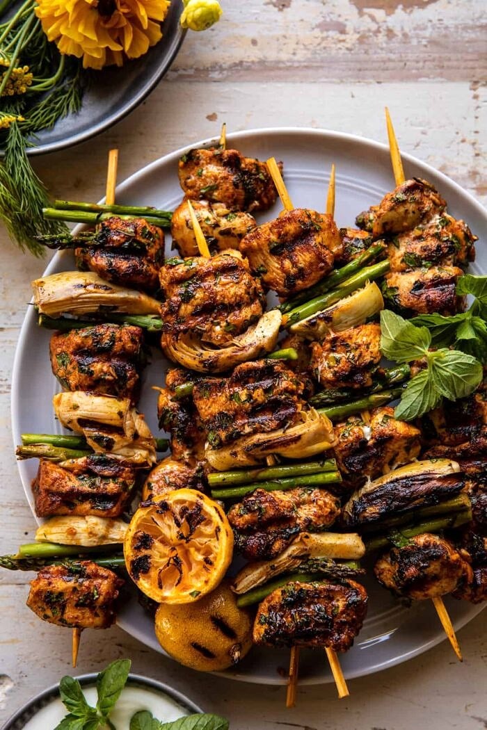 Lemon Chicken Skewers with Creamy Feta Sauce | halfbakedharvest.com