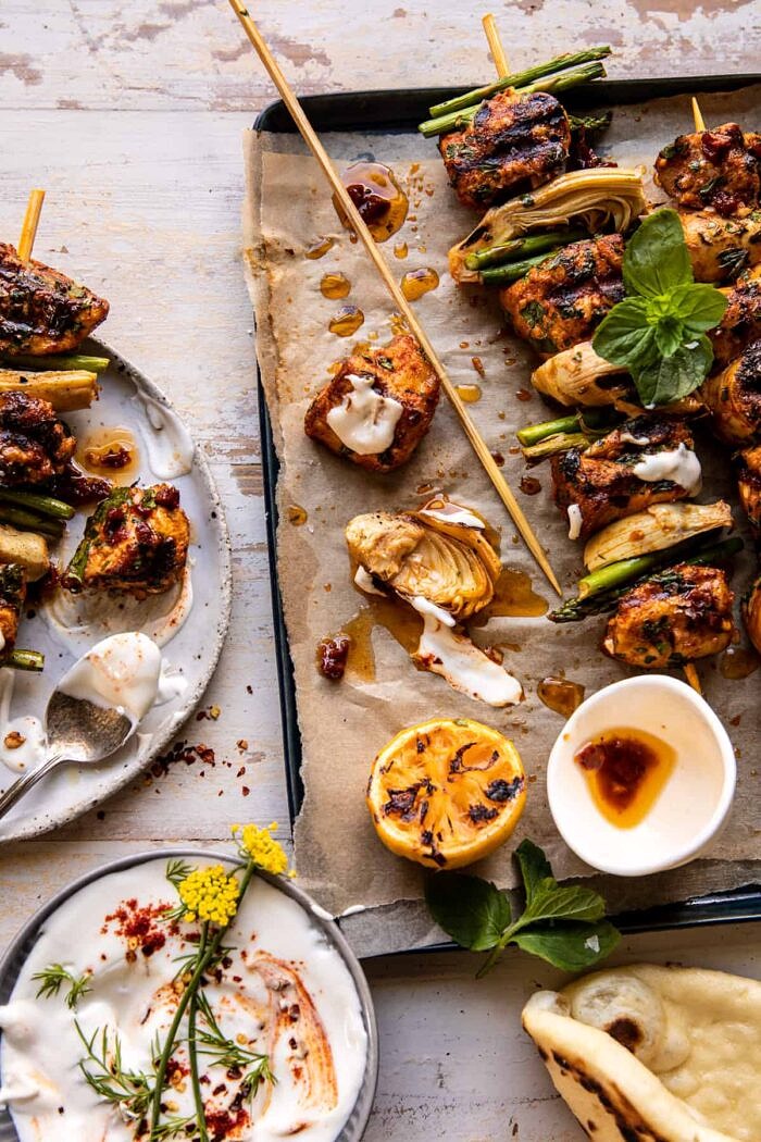 Lemon Chicken Skewers with Creamy Feta Sauce | halfbakedharvest.com