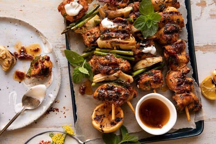 Lemon Chicken Skewers with Creamy Feta Sauce | halfbakedharvest.com