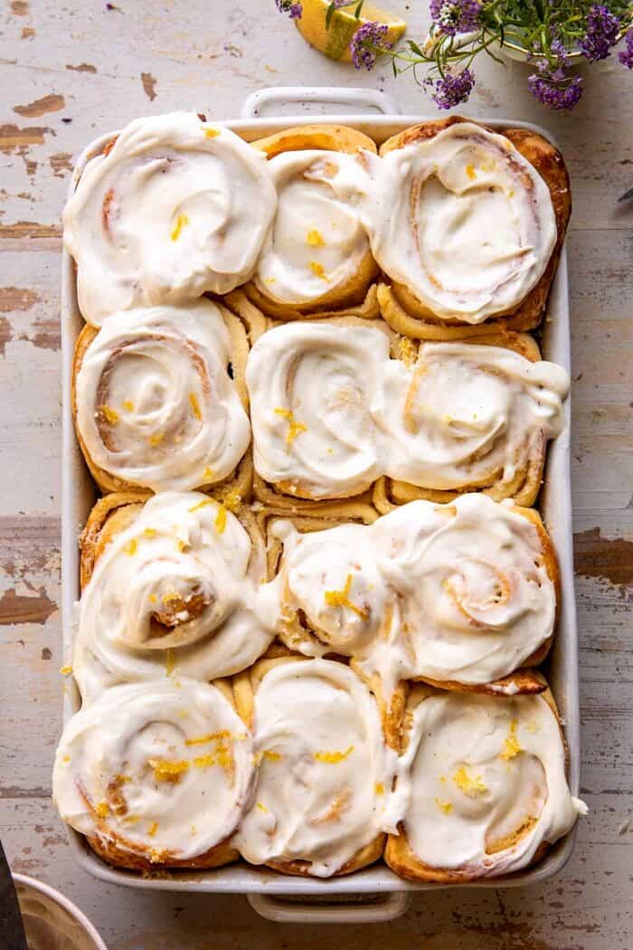 Lemon Sugar Rolls with Vanilla Cream Cheese Icing | halfbakedharvest.com overhead photo of Lemon Sugar Rolls with Vanilla Cream Cheese Icing