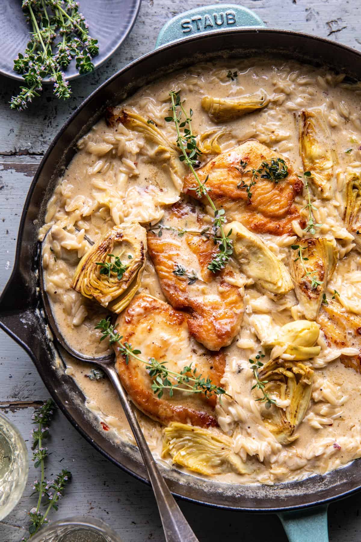 One Skillet Creamy Artichoke Chicken Marsala and Orzo | halfbakedharvest.com