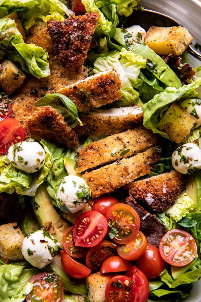 Crispy Italian Chicken and Bacon Salad with Tahini Pesto Dressing and Sourdough Croutons | halfbakedharvest.com